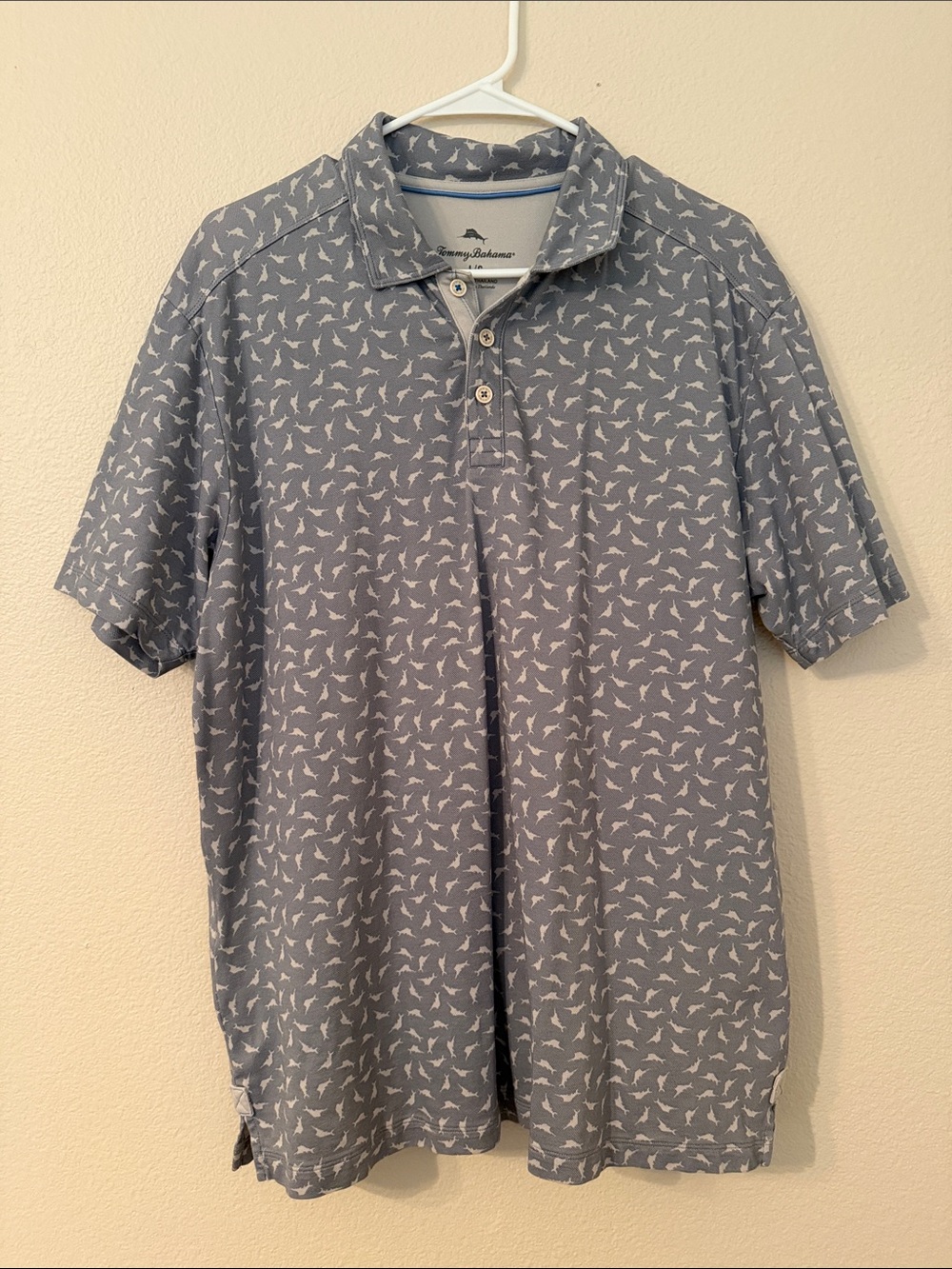 Tommy Bahama Gray Polo with White Fish Print Large